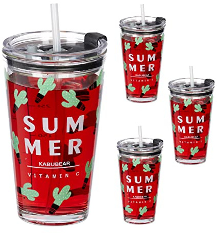 Relaxdays Trinkgläser 4er Set, Kaktus-Motiv, Deckel & Strohhalm, 450 ml Skala, Glasbecher Kinder, Saftglas, transparent | Deckel & Strohhalm, 450 ml Skala, Glasbecher Kinder, Saftglas