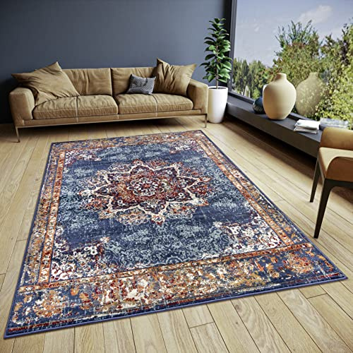 Hanse Home Maderno - Tappeto orientale classico a trama fitta con ornamenti vintage, morbido pelo corto, per camera da letto, sala da pranzo, soggiorno, corridoio, blu, 140 x 200 cm