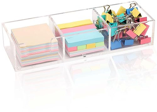 Dealpoli Acrylic 3in1 Sticky Note Holder Desk Organizer, 11.8 x 3.94 x 2.36 Self-Stick Memo Pad Dispenser for School Office Home Post Bank with 3 Compartments (DP003)