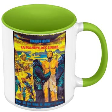 Tasse in Premium-Qualität, grün, Motiv: Planet der Affen, altes französisches Filmposter im Retro-Stil, Vintage-Kinoposter – Tasse mit Henkel und farbigem Innenraum