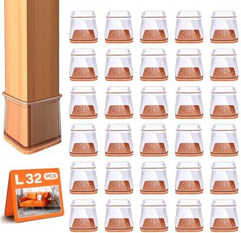 32 Pcs Chair Leg Floor Protectors for Hardwood Floors with Felt Pads Square | Silicone Furniture Leg Caps, Protect Floors from Scratches, Reduce Noise and Slide Smoothly, Fit:27-39mm