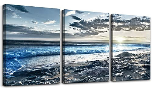 MHARTK66 Quadri Moderni Spiaggia Blu Soggiorno, Quadro Natura Vista Mare All'alba Stampe Su Tela, Decorazioni Camera da Letto Bagno Sala da Pranzo Cucina