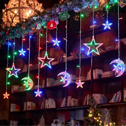 Curtain Fairy Lights Window Light Decorations Indoor, 138 LED Star Moon Fairy Plug in String Lights, 3.5m Fairy Lights for Bedroom Wall Garden Wedding Christmas Party, USB+Battery Operated