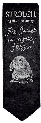 Dekolando Zwergkaninchen Grabstecker Tiergrabstein Schiefer Gedenktafel mit Gravur Wunschname Datum personalisiert Grab Deko 8 x 22 x 0,5 cm