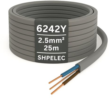 SHPELEC® Electrical Grey Twin and Earth 6242YH Cable - 2.5mm Mains Socket Ring 25m Length (25 metres - 2.5mm Twin and Earth Cable)
