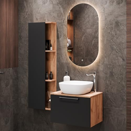 Planetmöbel Astra Set mobili bagno con mobile sottolavabo 60 cm, 1 armadio laterale rovere dorato antracite, senza lavabo da appoggio