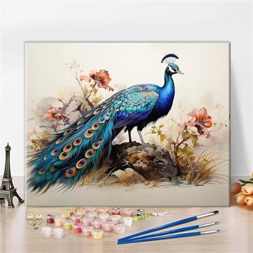Aimaor Malen Nach Zahlen Erwachsene,Pfauenblume Paint by Numbers Adult Bastelset Malen-Nach-Zahlen Kinder Anfänger Leinwand Kreativ Set DIY Set Malen nach Zahlen（DIY Frame） 50x65cm