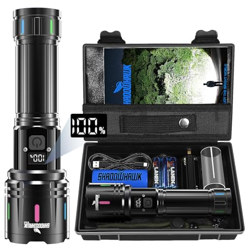 Shadowhawk Flashlights High Lumens Rechargeable - 2000 Lumen 30W Super Bright LED Flash Light with LCD Display, 3937ft Beam & 12H Runtime, Handheld Waterproof Flashlight for Home, Camping, Emergency