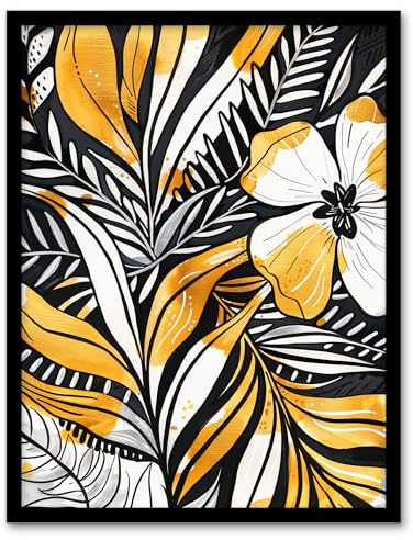 Artery8 Plant Lover Fern Flower Bloom Black Gold White Living Room Artwork Framed Wall Art Print 18X24 Inch