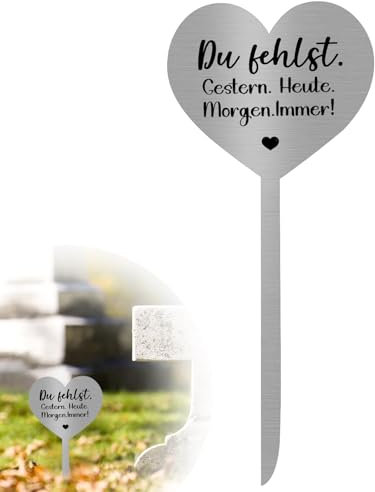 KHDULQ Herz Grabstecker Edelstahl Grabschmuck,Grabschmuck Wetterfest Grabdeko Grabdekoration Wetterfest Trauerlicht Herz aus Stahl mit Spruch du Fehlst.Gestern.Heute.Morgen.Immer!(28 x 12 cm)