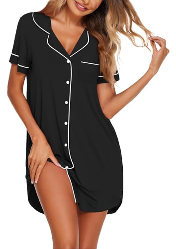 Ekouaer Camicia da Notte Donna Parto Ospedale Estiva Camicia da Notte Aperta Davanti Bottoni Allattamento Premaman, Nero, M