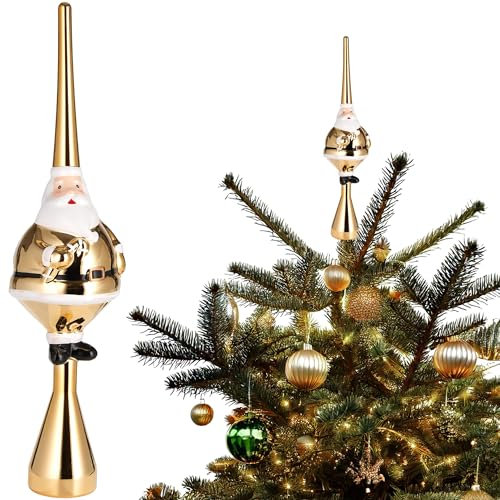 BRUBAKER Weihnachtsbaumspitze Dicker Santa - Christbaumspitze glänzend - 35 cm große Baumspitze Weihnachtsmann - Weihnachtsbaum Spitze - Tannenbaum Deko Weihnachten - Tannenbaumspitze - Gold