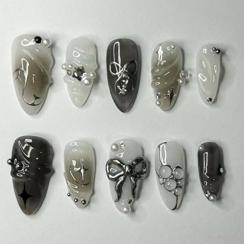 GlamRays 24 Pièces Faux Ongles Noirs Amande Moyenne avec Design de Noeud Métallique 3D Perles, Dégradé Noir, Couverture Complète, Ongles Artificiels, Gouttes d'eau
