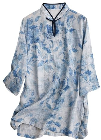 Camicie tradizionali cinesi da donna - Camicia estiva in lino con colletto mandarino e bottoni a forma di rana, top a tunica floreale retrò per la pratica del Tai Chi, abbigliamento casual per l'uso