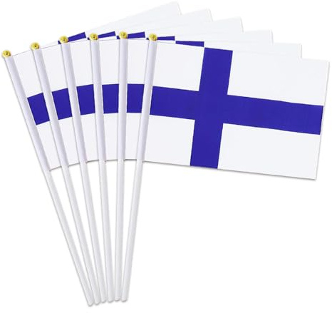 Piccola bandiera della Finlandia, confezione da 12 mini bandiere finlandesi tenute in mano per parate esterne festa patriottica 4 luglio decorazioni (Finlandia)