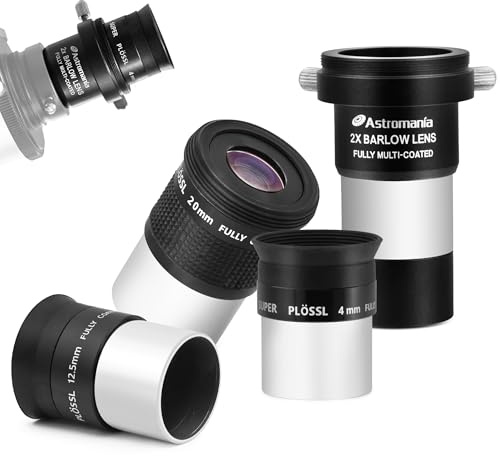 Astromania Telescope Accessory Kit with 1.25 Inch Telescope Eyepiece Set 4mm 12.5mm 20mm 52 Degree Super Plossl Eyepiece Lens and 1.25 Inch 2X Barlow Lens with T Thread Fully Multi Coated Metal