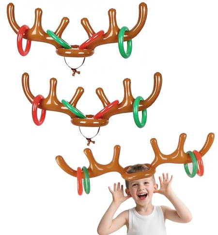 TUONYIS 10 Piezas Juego Inflable de Lanzamiento, Juego de Lanzamiento de Fiesta de Navidad, 2 Sombrero Inflable de Cuernos de Reno con 8 Anillos, para diversión Familiar de Navidad (Marrón)