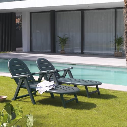 CONCEPT USINE | Lot de 2 Bains de Soleil | Caiman Vert | Transat Pliable avec Accoudoirs | Matière Plastique Recyclé, Léger, Durable | Orientable et Inclinable 4 Positions | Résistant aux Intempéries