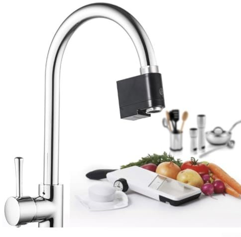 Rubinetto intelligente a induzione a infrarossi, sensore di troppopieno a induzione a infrarossi touchless, multi modalità di flusso d'acqua, rilevatore di rubinetto per bagno e cucina (nero + bianco)