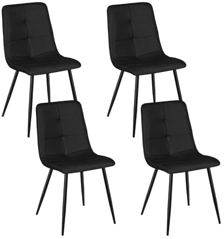 Luxstein Dining Chairs Set of 4, Upholstered Black Fabric Upholstered Cushion Seat and Sturdy Black Metal Legs Kitchen Chair for Dining Room, Kitchen