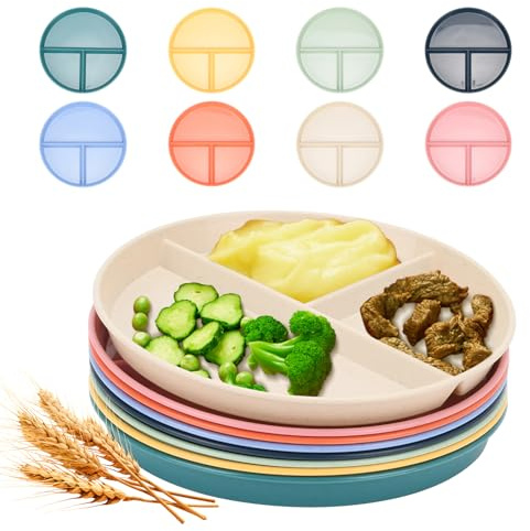 8 Stück 22,9 cm geteilte Teller – BPA-freie Speiseteller mit 3 Abschnitten für ausgewogene Mahlzeiten – mikrowellen- und spülmaschinenfest, unzerbrechliche Kunststoffteller für Zuhause, Kinder