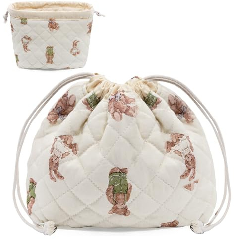 LJCZKA Make-up-Tasche mit Kordelzug,Kleine Gesteppte Kosmetiktasche,Niedlicher Organizer,Kulturtasche Aus Baumwolle,ästhetische Tragbares Reise-Kulturbeutel für Damen und Mädchen (Bär)