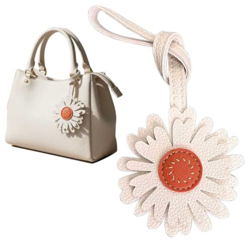 CIBBALIY PU Leather Daisy Flower Bag Charm Synthetic Leather 6.8 inches Length Chrysanthemum Design with Orange Center