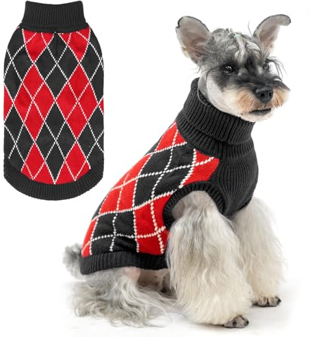 Dog Sweater for Small Medium Dogs, Soft Warm Winter Pet Clothes,Black Red M | Knit Turtleneck Cold Weather Puppy Outfit, Diamond Plaid Pullover Knitwear for Girl Boy Chihuahua Pitbull French Bulldog Cats