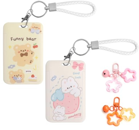 VOSSOT 2 Stück AusweishüLle, Kordelzug Kartenhalter Ausweis mit 2 SchlüSselanhänger, Niedlicher Cartoon Fotokartenhalter, Kpop Photocard Holder für Ausweishalter, Busfahrkarten Hülle, Bankkarte
