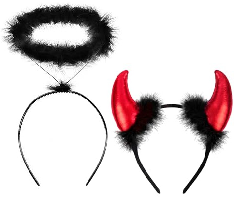 Bipl 2er Set Teufelshörner und Schwarzer Heiligenschein, Teufelshörner haarreif, Perfekte Kostüm Accessoires, für Mottopartys Fasching & Halloween Party