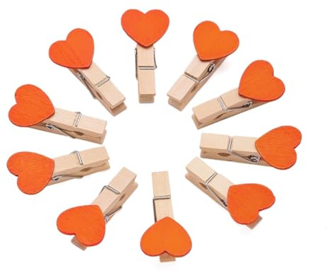 Rockreyoa Lot de 20 mini pinces à linge en bois en forme de cœur - Colorées - Petites pinces décoratives en bois - Pour bricolage, bricolage, cartes postales, cartes postales, décoration - Orange