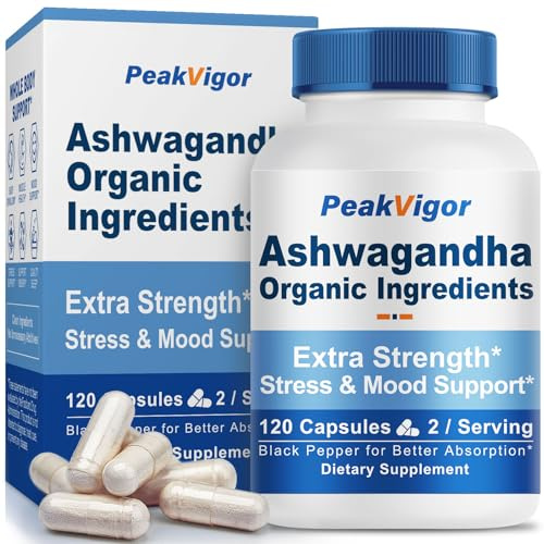 PeakVigor 7000mg Organic Ashwagandha Capsules, Ashwaganda Powder Supplements with Black Pepper, Stress Support Ashwagandha for Women & Men, Vegan & Non-GMO & Gluten-Free, 120 Counts
