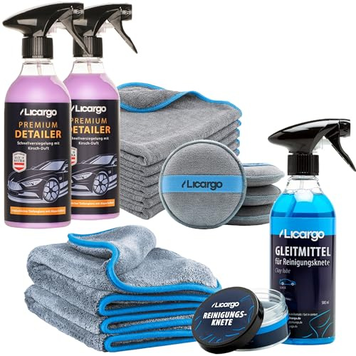 LICARGO® Premium Autopflege Set – 2X Detailer 500ml, Reinigungsknete + Gleitmittel, 6X Mikrofasertücher 380GSM, 2X 1100GSM Tücher, 4X Applikator Pads – Auto Lackpflege, Politur & Schnellversiegelung