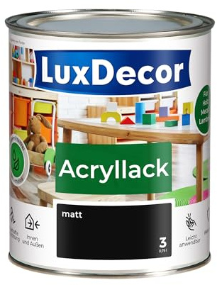 LuxDecor Acryllack 750ml Matt (03) Absolut schwarz Holzlack Buntlack Spielzeuge Metall Möbel Fenster Sicher Kindermöbel Spielzeuge