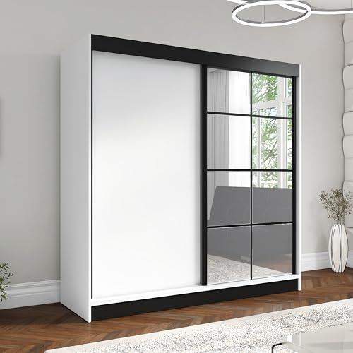 A&J MöbelLand Schwebetürenschrank KLARO2 Kleiderschrank 2-türig mit Spiegel, Garderobe 160 cm (Weiß/Weiß/Schwarz)