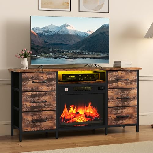 TAUS TV Schrank mit Kamin, TV Lowboard für Fernsehe mit mit LED-Beleuchtung, Fernsehtisch, Elektrischer Standkamin mit Heizung, 3D-Flammeneffektm, TV Board mit 6 Schubladen (Braun)