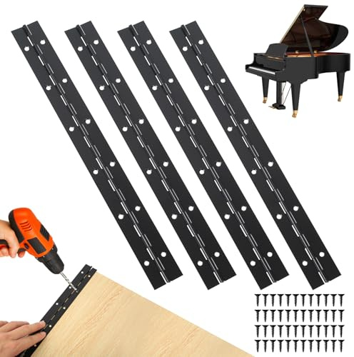 4 Pcs Heavy Duty Piano Hinges for Wood, 30cm/12 inch Continuous Hinges with Holes, Stainless Steel Cabinet Hinge for Cabinet Doors Pianos Windows, with Screws (Black)