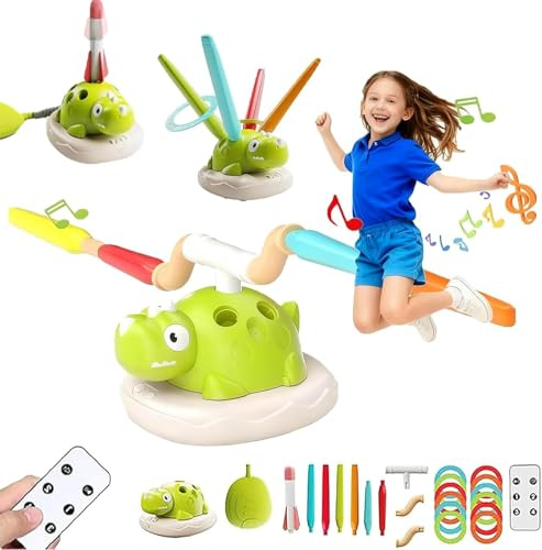 Dujuanus 3 in 1 Dinosaur Rocket Launcher, Outdoor Spiele für Kinder, Garten Spielzeug Kinder mit Ringwurfspiel,Raketen Spielzeug, Musik Jump Rope, Geschenk Kinders Junge Mädchen (Laden)