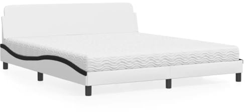 Runheo Dover säng med madrass, 180 x 200 cm, vit, svart, konstläder, vågformad design, robust sängram med plywoodribbor, komfortskummadrass H2/H3, sovrumsmöbler