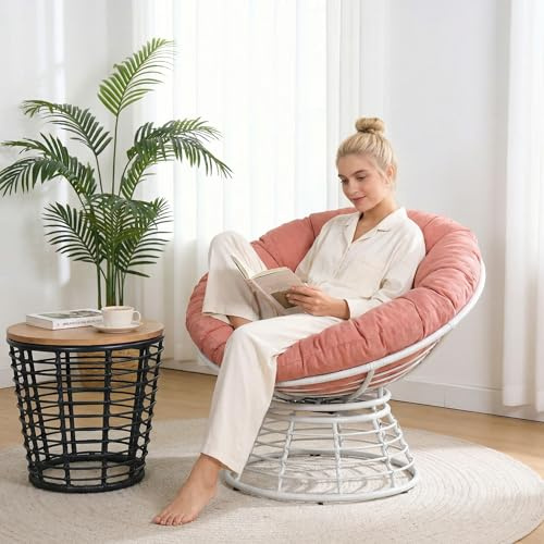 Jadoxy 43 Ergonomischer 360° drehbarer Papasan-Sessel runder Korbsessel mit dickem Kissen Loungesessel für Wohnzimmer Schlafzimmer Leseecke Innen- und Außenbereich, orangefarbene Wolke weißer Rahmen