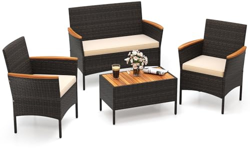 COSTWAY Rattan Gartenmöbel Set, Outdoor Lounge Möbel, Balkonmöbel Kleiner Balkon, Sitzgruppe mit 2 Sessel, Bank, Tisch & Kissen, Sitzgarnitur, Terrassenmöbel, Gartengarnitur für Terrasse, Garten