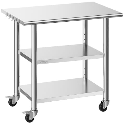 VEVOR Arbetsbord för kök 3 hyllor, serveringsbord rostfritt stål med hjul 3 hyllor 915 x 610 x 864 mm bänkskiva max belastning 227 kg, restaurangförberedelse hotell catering