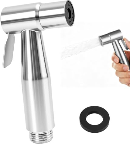 Handhållen toalettdusch 304 rostfritt stål med G1/2-anslutning, manuell bidé spruta för intim hygien, babyrengöring, husdjur och badrum, silverspray