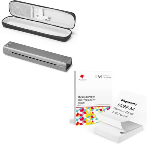 Phomemo M08F A4 Tragbarer Drucker Grau mit Schutzetui & 100 Blatt Gefaltetem A4 Thermopapier, kabelloser Bluetooth Mobildrucker für Reisen, Auto, Büro und Zuhause