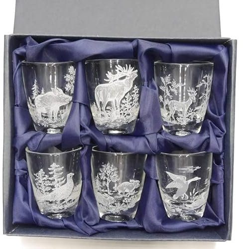 GTK - Geweihe & Trophäen KRUMHOLZ 6 teiliges Schnaps Gläser Set kurz mit Jagdmotiv in weiß Glas