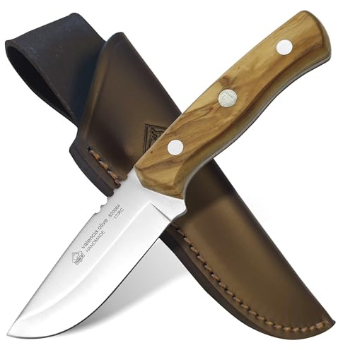 PUMA IP – Valencia Olive - Feststehendes Jagd & Outdoormesser - 88mm robuste Full-Tang-Klinge aus deutschem Stahl (1.4116, 55-57 HRC) - Griff aus Olivenholz – mit Sattellederscheide (Art.Nr.: 820064)