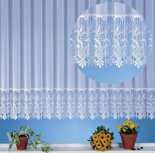 heimtexland edle Store Gardine aus Websablé transparent mit echtem Makramee Sockel in rein weiß - HxB 245x300 cm für Dekorationsbreite 90-130 cm - Ökotex Macramé Vorhang Typ516