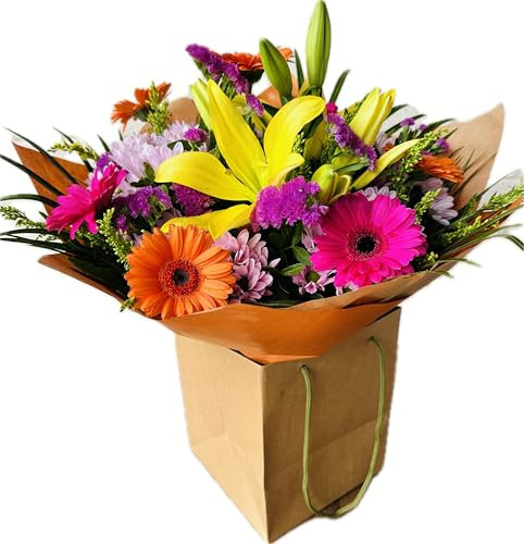 Good Vibes Fresh Flower Bouquet in Cardboard Vase Bag, Gift for Birthdays, Anniversary, Thank You, Get Well, Party Decoration, Yellow Lily, Orange, Cerise Gerbera, Purple Chrysanthemum