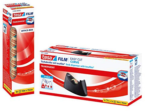 tesa Easy Cut Curve Tischabroller (rutschfest, einfache Handhabung, sauberer Schnitt mit 1 Rolle tesafilm transparent 10m x 19mm) (2er Set)