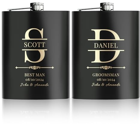 Flachmann Mit Gravur, 2 Stück Flachmänner Personalisiert 227ml/8oz für Trauzeugen Geschenke, Gravierter Flachmann Edelstahl für Hochzeit und Junggesellenabschiedgeschenk (Schwarz)